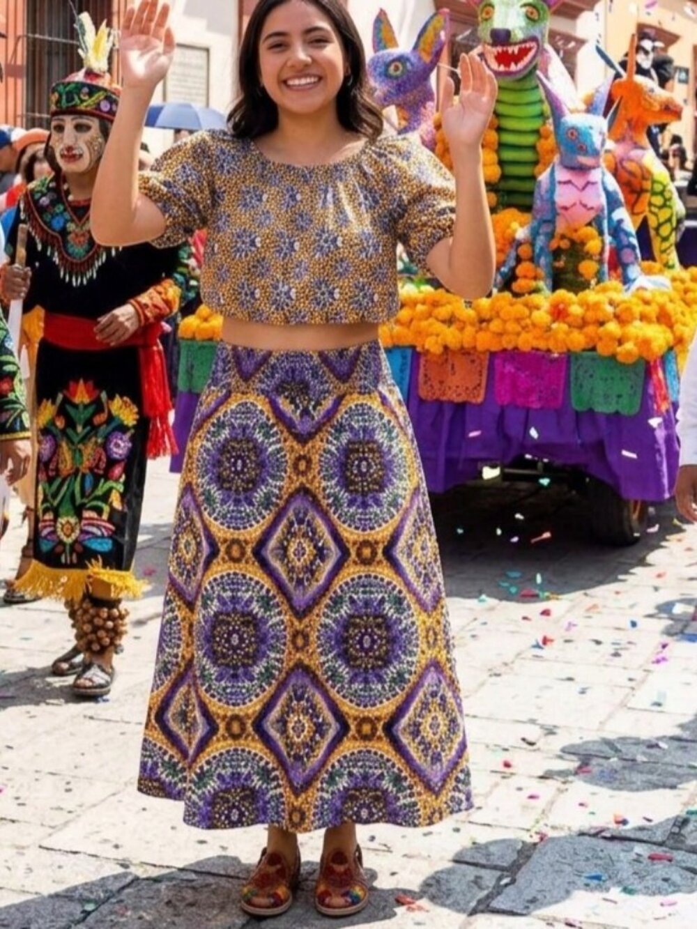 Jennifer & Grace Ochre Kaleidoscope Crop Top & Midi Skirt Set Large Multi NWT